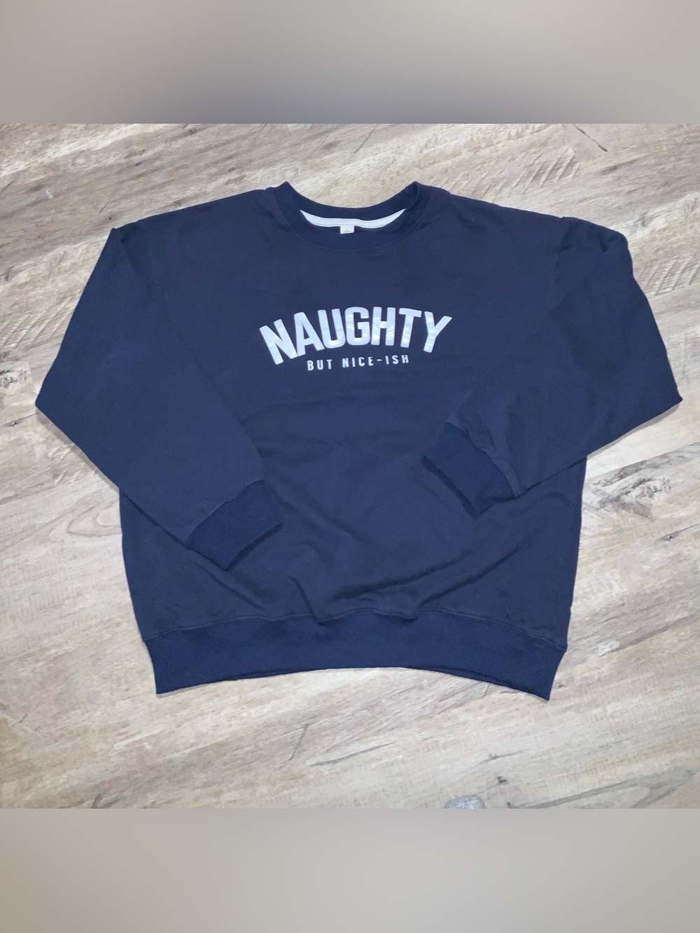 (Bin 36) Navy "Naughty But Nice-ish" Graphic Crewneck Sweater, Size M